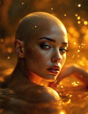 The primary subject of the image is a woman with a shaved head, who is posing in a pool of water. She is looking at the camera with a confident expression. The setting is a pool of water, and the visual style appears to be a photo. The colors in the image are predominantly yellow, which gives the scene a warm and inviting atmosphere.